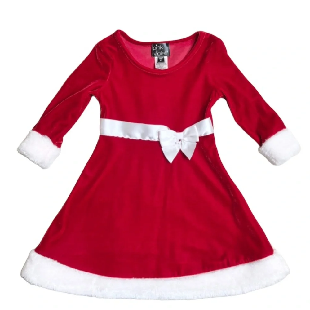 NEW Red Velvet White Bow Accent & Faux Fur Cuff Long Sleeved Christmas Dress 2T